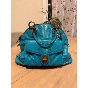 Coach legacy Turquoise Patent Leather Shoulder Bag Blue Brass Turnlock